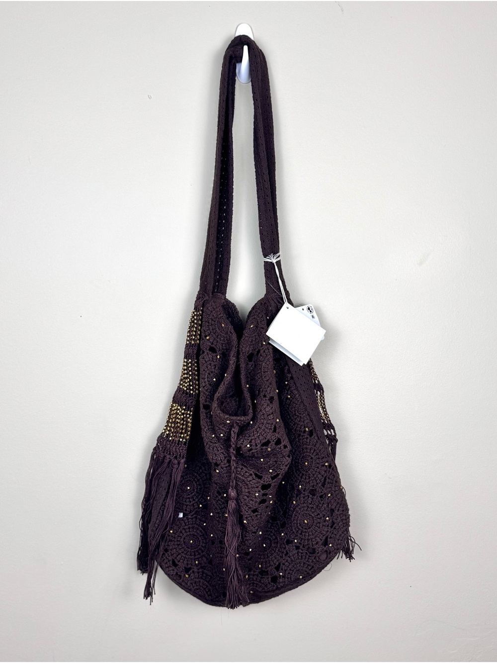 Free People Sunrise To Sunset Crochet Tote Bag Brown Fringe - Picture 5 of 17